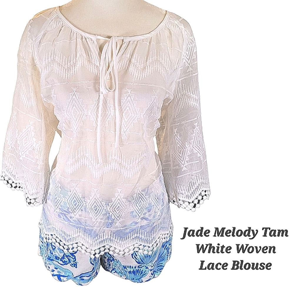 Jade Melody Tam Blouse White Sheer Lace Pom Pom Trim Medium | Delicate Lace Top